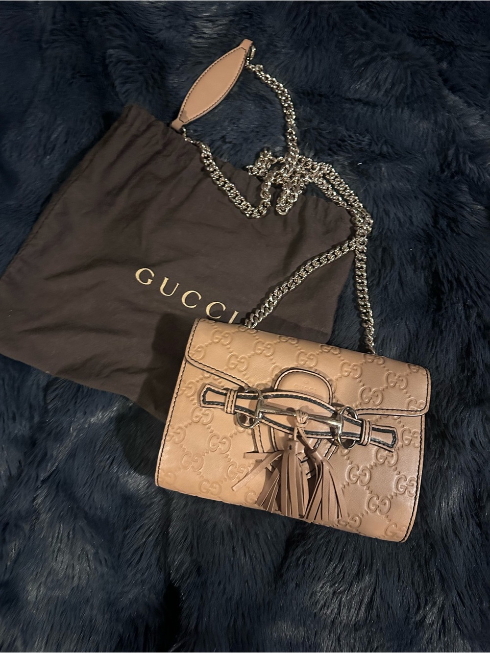 Gucci Taupe GG Leather Crossbody with Tassel and Chain Strap